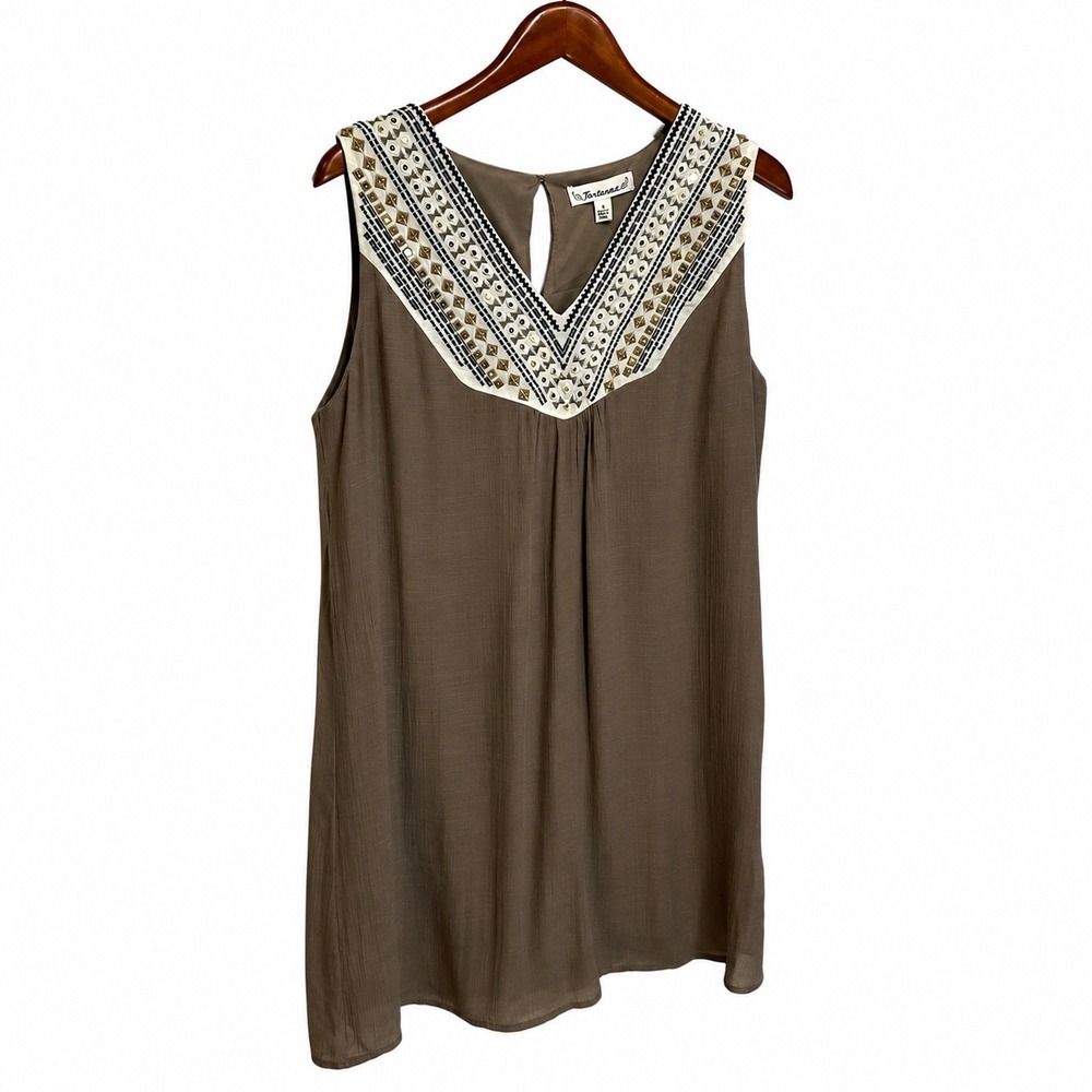 Tantrums Brown Embroidered V-Neck Sleeveless Shift Mini Dress Boho Small NWT